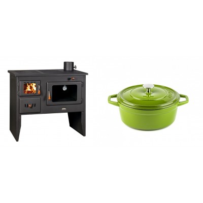 Set Küchenofen / Küchenhexe mit Backofen und Kochplatte Prity, Modell 2P41, Leistung 15.2kW, Füße + Gusseisen Topf Tiefer Solagio, Bamboo, Ф20 - Kaminofen - Holzofen mit Backfach