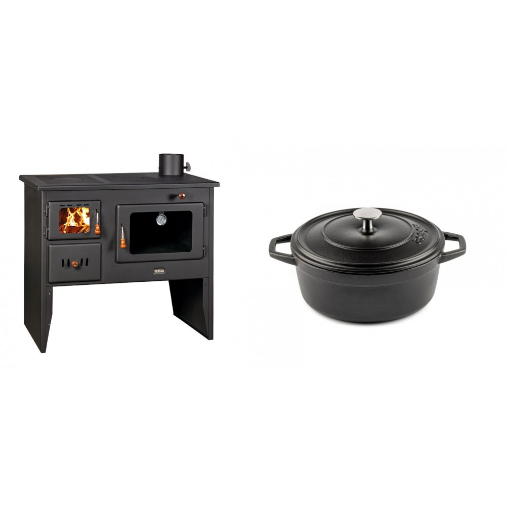 Set Küchenofen / Küchenhexe mit Backofen und Kochplatte Prity, Modell 2P41, Leistung 15.2kW, Füße + Gusseisen Topf Tiefer Solagio, Black Onyx, Ф20 | Kaminofen - Holzofen mit Backfach | Kaminofen |