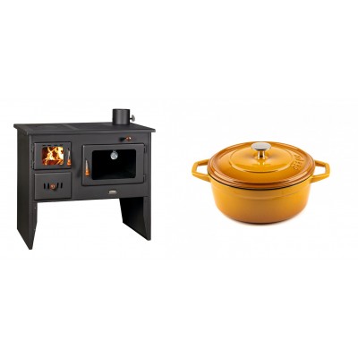 Set Küchenofen / Küchenhexe mit Backofen und Kochplatte Prity, Modell 2P41, Leistung 15.2kW, Füße + Gusseisen Topf Tiefer Solagio, Dijon, Ф20 - Kaminofen - Holzofen mit Backfach