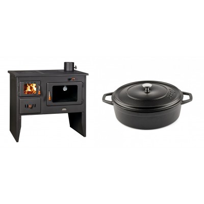 Set Küchenofen / Küchenhexe mit Backofen und Kochplatte Prity, Modell 2P41, Leistung 15.2kW, Füße + Gusseisen Topf Flach Solagio, Black Onyx, Ф26 - Kaminofen - Holzofen mit Backfach