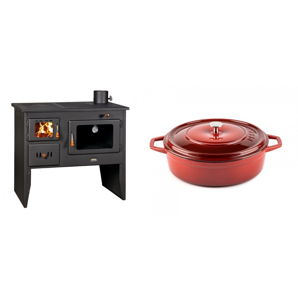 Set Küchenofen / Küchenhexe mit Backofen und Kochplatte Prity, Modell 2P41, Leistung 15.2kW, Füße + Gusseisen Topf Flach Solagio, Rubin, Ф26 | Kaminofen - Holzofen mit Backfach | Prity |