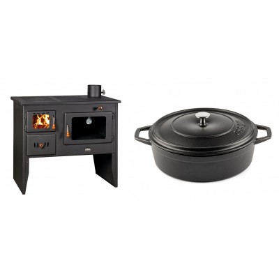 Set Küchenofen / Küchenhexe mit Backofen und Kochplatte Prity, Modell 2P41, Leistung 15.2kW, Füße + Gusseisen Topf Flach Solagio, Black Onyx, Ф28 - Kaminofen - Holzofen mit Backfach