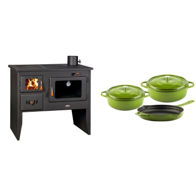 Set Küchenofen / Küchenhexe mit Backofen und Kochplatte Prity, Modell 2P41, Leistung 15.2kW, Füße + Gusseisen Topf Set aus 3 teilen Solagio, Bamboo - Kaminofen - Holzofen mit Backfach