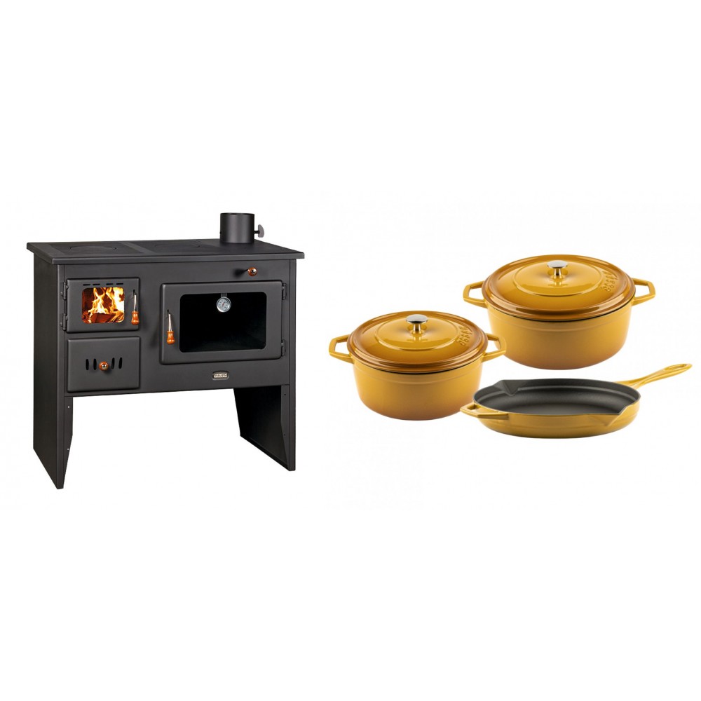 Set Küchenofen / Küchenhexe mit Backofen und Kochplatte Prity, Modell 2P41, Leistung 15.2kW, Füße + Gusseisen Topf Set aus 3 teilen Solagio, Dijon | Kaminofen - Holzofen mit Backfach | Kaminofen |