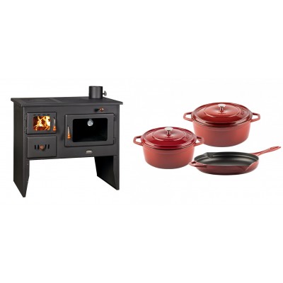 Set Küchenofen / Küchenhexe mit Backofen und Kochplatte Prity, Modell 2P41, Leistung 15.2kW, Füße + Gusseisen Topf Set aus 3 teilen Solagio, Rubin - Kaminofen - Holzofen mit Backfach