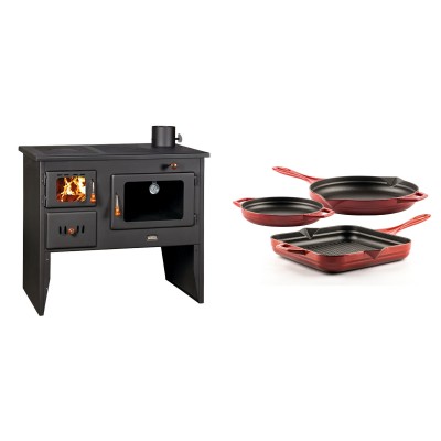 Set Küchenofen / Küchenhexe mit Backofen und Kochplatte Prity, Modell 2P41, Leistung 15.2kW, Füße + Gusseisen Topf Set aus 3 teilen Solagio, Rubin - Kaminofen - Holzofen mit Backfach