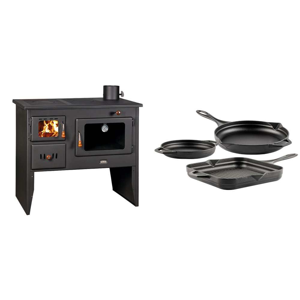 Set Küchenofen / Küchenhexe mit Backofen und Kochplatte Prity, Modell 2P41, Leistung 15.2kW, Füße + Gusseisen Topf Set aus 3 teilen Solagio, Black Onyx