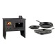Set Küchenofen / Küchenhexe mit Backofen und Kochplatte Prity, Modell 2P41, Leistung 15.2kW, Füße + Gusseisen Topf Set aus 3 teilen Solagio, Black Onyx | Kaminofen - Holzofen mit Backfach | Prity |
