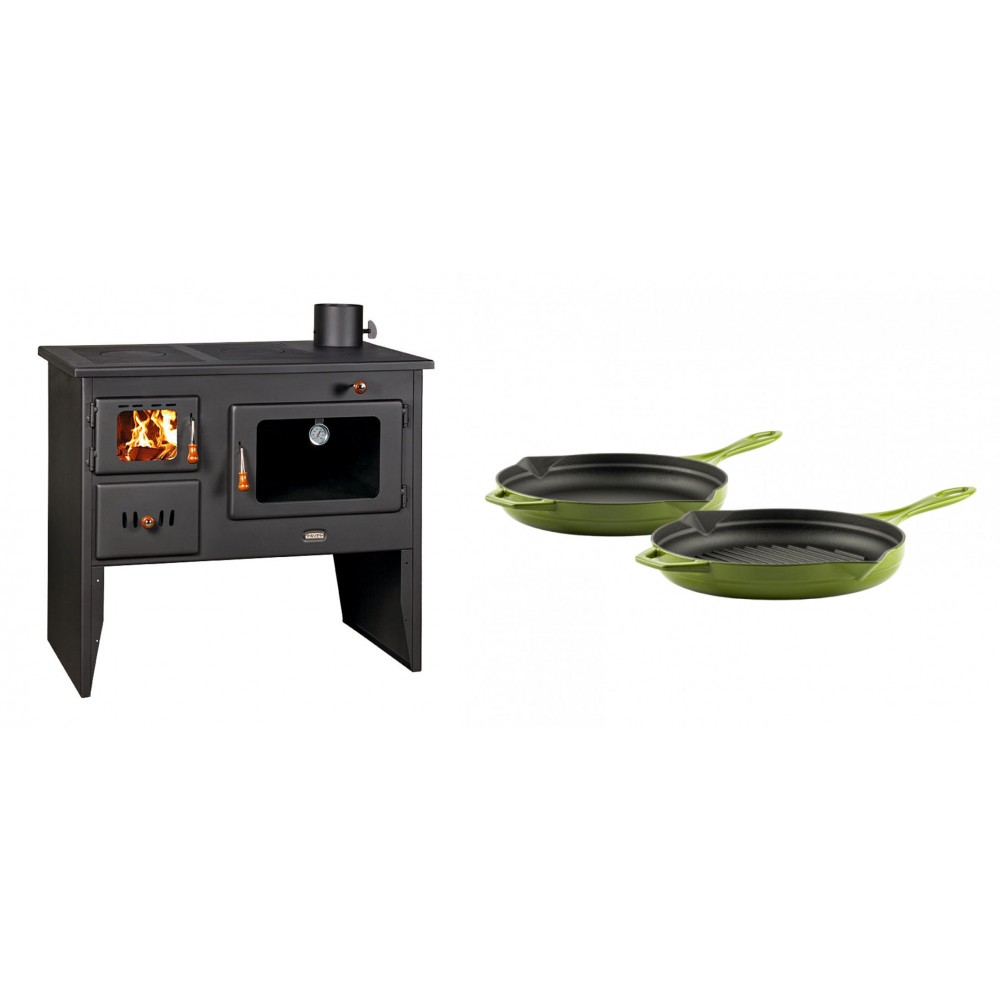 Set Küchenofen / Küchenhexe mit Backofen und Kochplatte Prity, Modell 2P41, Leistung 15.2kW, Füße + Gusseisen Topf Set aus 2 teilen Solagio, Bamboo | Kaminofen - Holzofen mit Backfach | Prity |