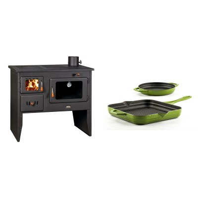 Set Küchenofen / Küchenhexe mit Backofen und Kochplatte Prity, Modell 2P41, Leistung 15.2kW, Füße + Gusseisen Topf Set aus 2 teilen Solagio, Bamboo - Kaminofen - Holzofen mit Backfach