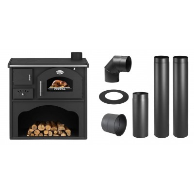 Set Küchenofen / Küchenhexe mit Backofen und Kochplatte Zvezda, Modell Classic GF, Leistung 5.9kW + Schornstein Bausatz PARKANEX, Stahl Ø130, Dicke 2mm - Kaminofen - Holzofen mit Backfach