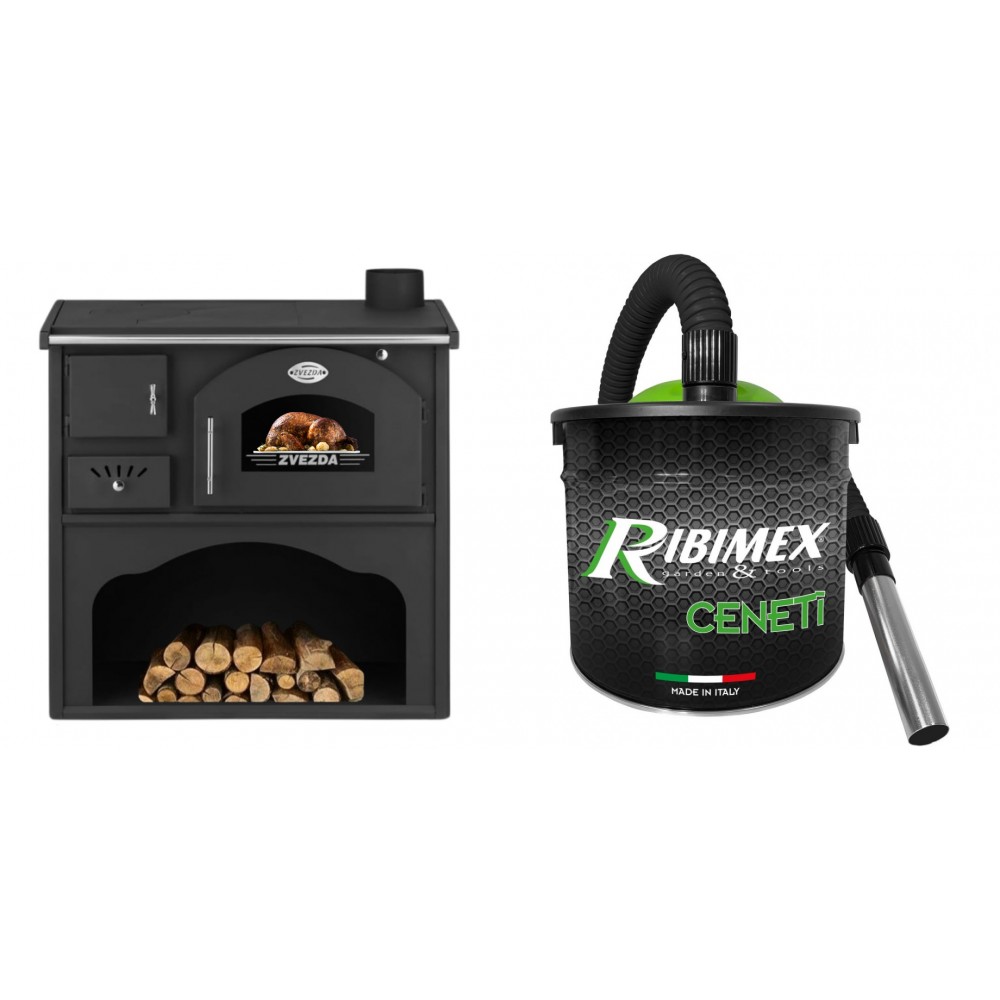 Set Küchenofen / Küchenhexe mit Backofen und Kochplatte Zvezda, Modell Classic GF, Leistung 5.9kW + Elektrischer Aschesauger Ribimex, Modell Cenetì, Fassungsvermögen 15 L
