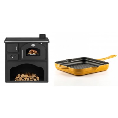 Set Küchenofen / Küchenhexe mit Backofen und Kochplatte Zvezda, Modell Classic GF, Leistung 5.9kW + Emaillierte grillpfanne Gusseisen Solagio, Dijon, 28х28cm - Kaminofen - Holzofen mit Backfach