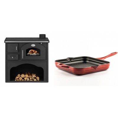 Set Küchenofen / Küchenhexe mit Backofen und Kochplatte Zvezda, Modell Classic GF, Leistung 5.9kW + Emaillierte grillpfanne Gusseisen Solagio, Rubin, 28x28cm - Kaminofen - Holzofen mit Backfach