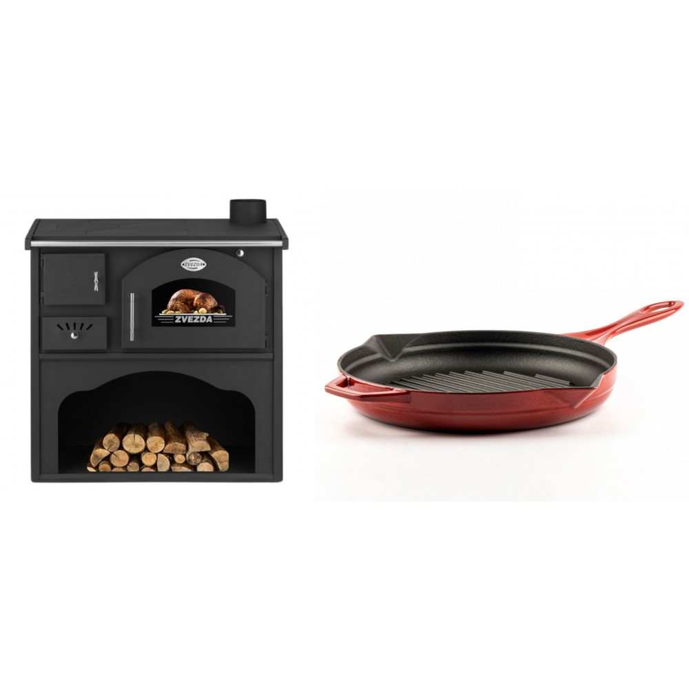 Set Küchenofen / Küchenhexe mit Backofen und Kochplatte Zvezda, Modell Classic GF, Leistung 5.9kW + Emaillierte grillpfanne Gusseisen Solagio, Rubin, Ф28cm | Kaminofen - Holzofen mit Backfach | Kaminofen |