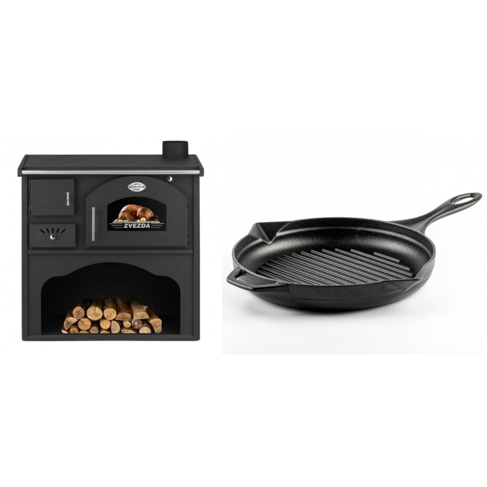 Set Küchenofen / Küchenhexe mit Backofen und Kochplatte Zvezda, Modell Classic GF, Leistung 5.9kW + Emaillierte grillpfanne Gusseisen Solagio, Black Onyx, Ф28cm