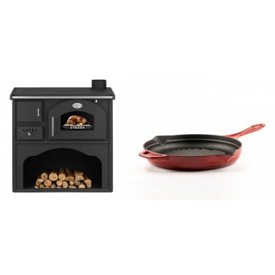 Set Küchenofen / Küchenhexe mit Backofen und Kochplatte Zvezda, Modell Classic GF, Leistung 5.9kW + Emaillierte grillpfanne Gusseisen Solagio, Rubin, Ф24cm - Kaminofen - Holzofen mit Backfach
