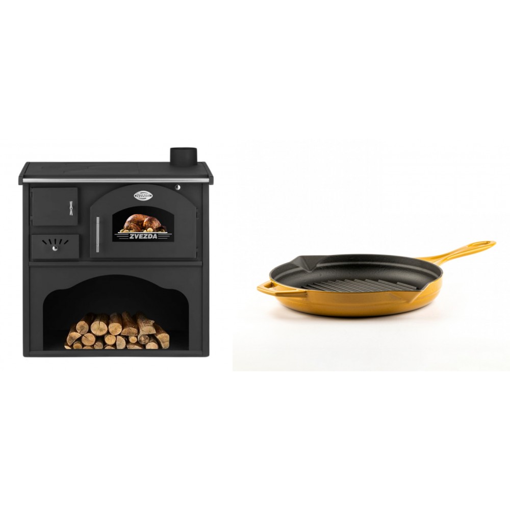 Set Küchenofen / Küchenhexe mit Backofen und Kochplatte Zvezda, Modell Classic GF, Leistung 5.9kW + Emaillierte grillpfanne Gusseisen Solagio, Dijon, Ф24cm