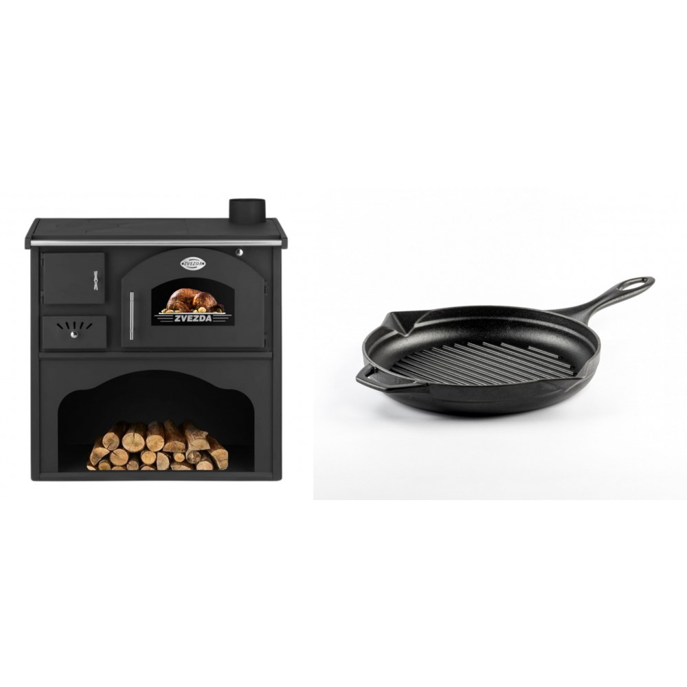 Set Küchenofen / Küchenhexe mit Backofen und Kochplatte Zvezda, Modell Classic GF, Leistung 5.9kW + Emaillierte grillpfanne Gusseisen Solagio, Black Onyx, Ф24cm