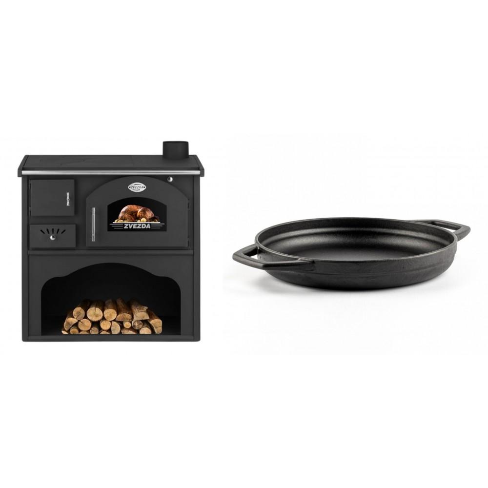 Set Küchenofen / Küchenhexe mit Backofen und Kochplatte Zvezda, Modell Classic GF, Leistung 5.9kW + Emaillierte gusseisenpfanne mit zwei Griffen Solagio, Black Onyx, Ф22cm | Kaminofen - Holzofen mit Backfach | Kaminofen |