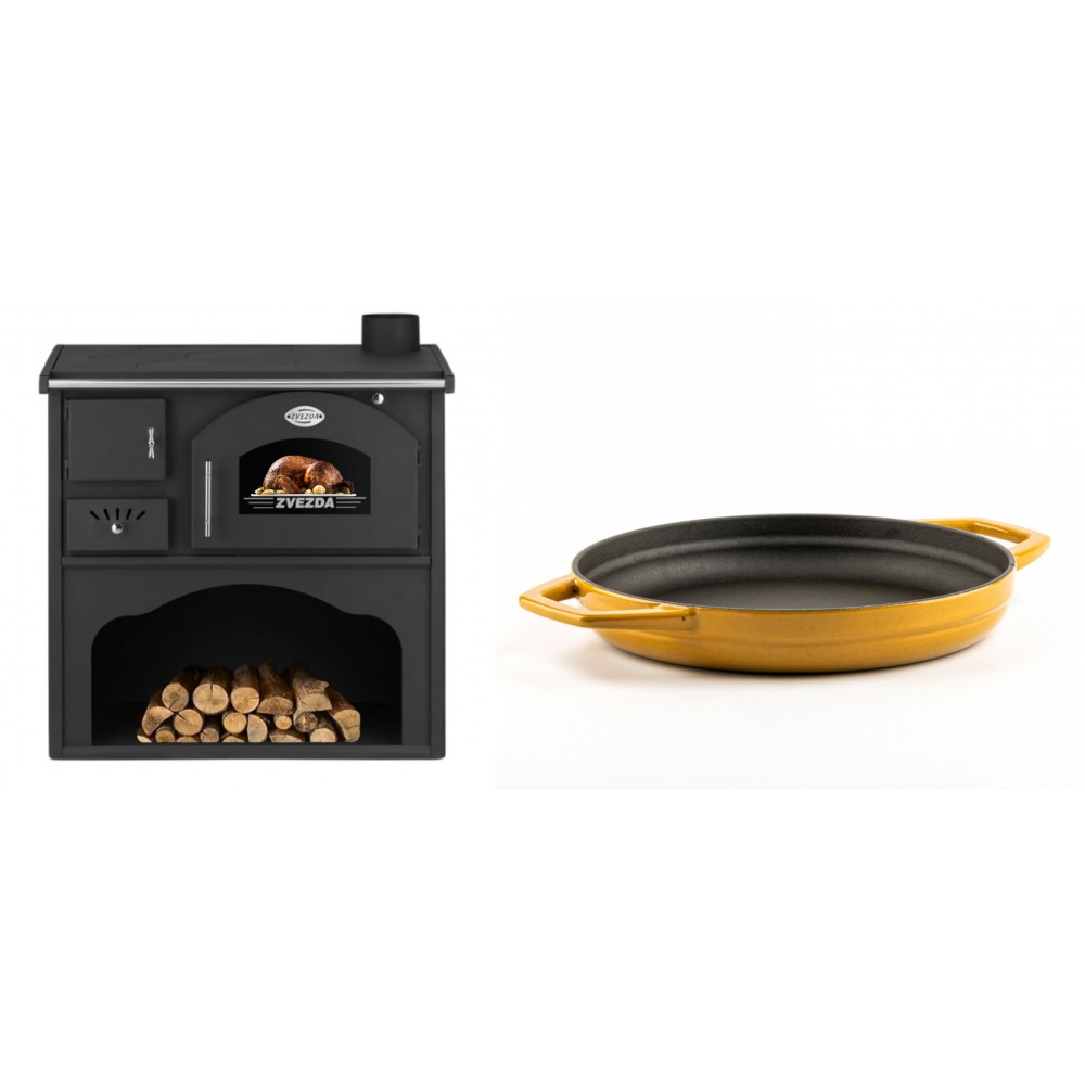 Set Küchenofen / Küchenhexe mit Backofen und Kochplatte Zvezda, Modell Classic GF, Leistung 5.9kW + Emaillierte gusseisenpfanne mit zwei Griffen Solagio, Dijon, Ф22cm
