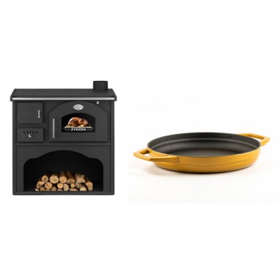 Set Küchenofen / Küchenhexe mit Backofen und Kochplatte Zvezda, Modell Classic GF, Leistung 5.9kW + Emaillierte gusseisenpfanne mit zwei Griffen Solagio, Dijon, Ф22cm - Kaminofen - Holzofen mit Backfach