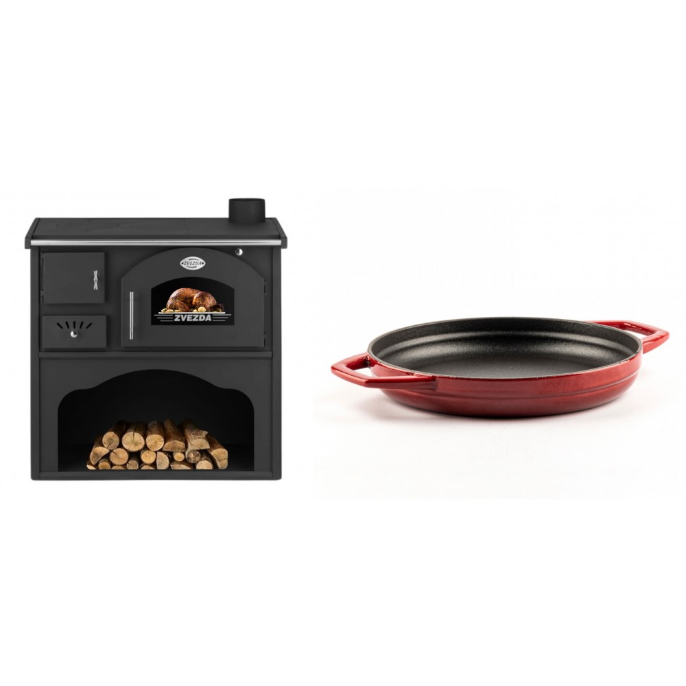 Set Küchenofen / Küchenhexe mit Backofen und Kochplatte Zvezda, Modell Classic GF, Leistung 5.9kW + Emaillierte gusseisenpfanne mit zwei Griffen Solagio, Rubin, Ф22cm