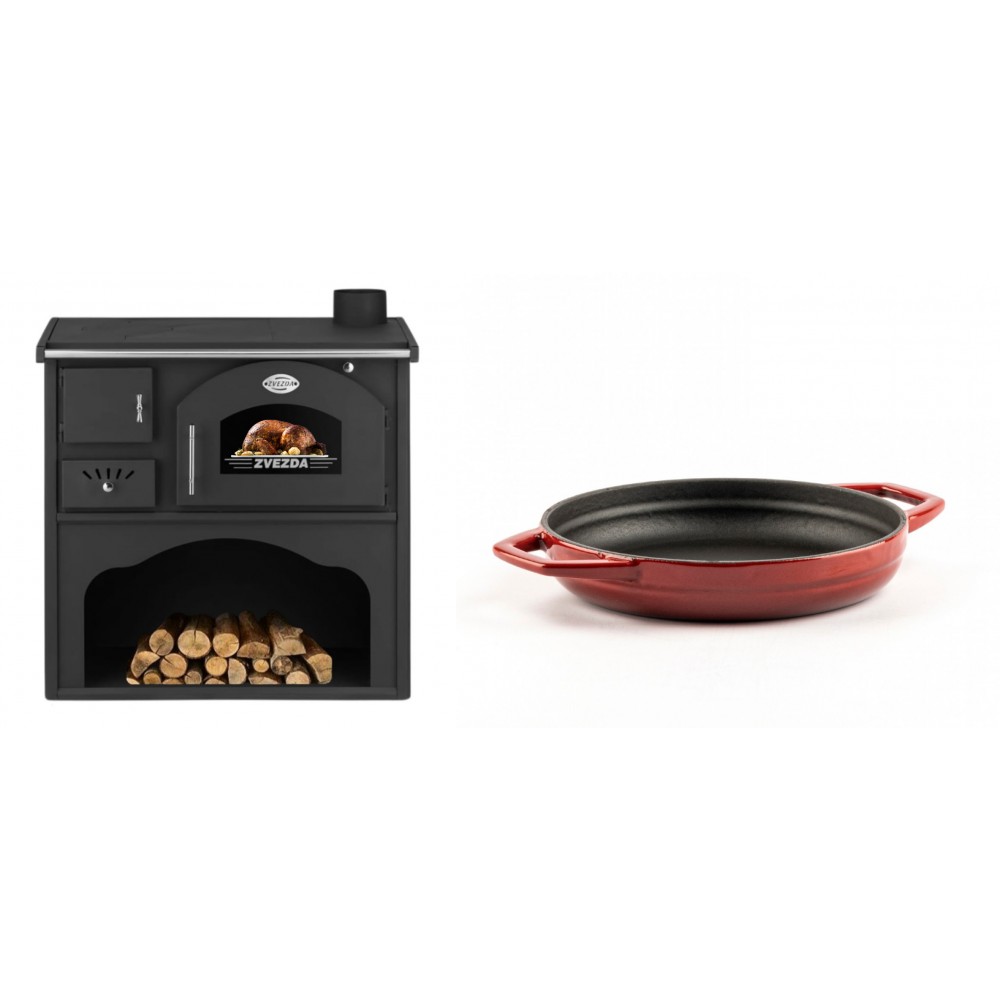 Set Küchenofen / Küchenhexe mit Backofen und Kochplatte Zvezda, Modell Classic GF, Leistung 5.9kW + Emaillierte gusseisenpfanne mit zwei Griffen Solagio, Rubin, Ф19cm | Kaminofen - Holzofen mit Backfach | Kaminofen |