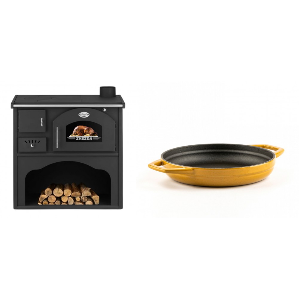 Set Küchenofen / Küchenhexe mit Backofen und Kochplatte Zvezda, Modell Classic GF, Leistung 5.9kW + Emaillierte gusseisenpfanne mit zwei Griffen Solagio, Dijon, Ф19cm