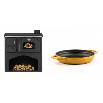 Set Küchenofen / Küchenhexe mit Backofen und Kochplatte Zvezda, Modell Classic GF, Leistung 5.9kW + Emaillierte gusseisenpfanne mit zwei Griffen Solagio, Dijon, Ф19cm - Kaminofen - Holzofen mit Backfach
