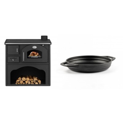 Set Küchenofen / Küchenhexe mit Backofen und Kochplatte Zvezda, Modell Classic GF, Leistung 5.9kW + Emaillierte gusseisenpfanne mit zwei Griffen Solagio, Black Onyx, Ф19cm - Kaminofen - Holzofen mit Backfach
