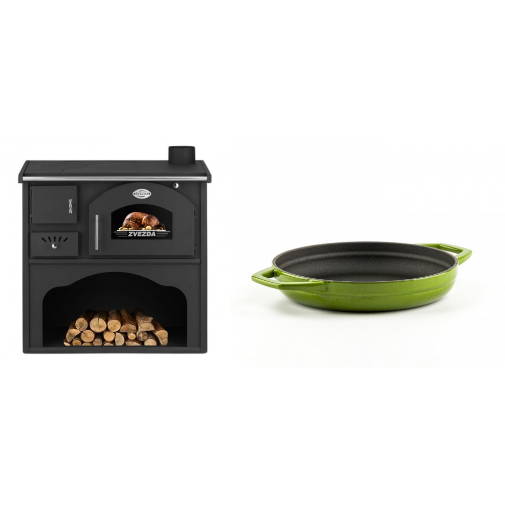Set Küchenofen / Küchenhexe mit Backofen und Kochplatte Zvezda, Modell Classic GF, Leistung 5.9kW + Emaillierte gusseisenpfanne mit zwei Griffen Solagio, Bamboo, Ф19cm | Kaminofen - Holzofen mit Backfach | Kaminofen |