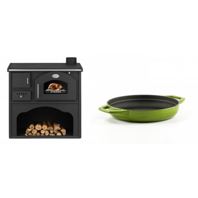Set Küchenofen / Küchenhexe mit Backofen und Kochplatte Zvezda, Modell Classic GF, Leistung 5.9kW + Emaillierte gusseisenpfanne mit zwei Griffen Solagio, Bamboo, Ф19cm - Kaminofen - Holzofen mit Backfach