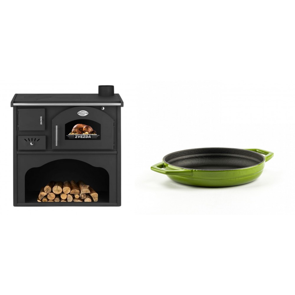 Set Küchenofen / Küchenhexe mit Backofen und Kochplatte Zvezda, Modell Classic GF, Leistung 5.9kW + Emaillierte gusseisenpfanne mit zwei Griffen Solagio, Bamboo, Ф16cm