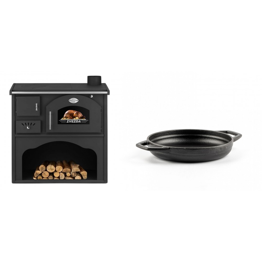 Set Küchenofen / Küchenhexe mit Backofen und Kochplatte Zvezda, Modell Classic GF, Leistung 5.9kW + Emaillierte gusseisenpfanne mit zwei Griffen Solagio, Black Onyx, Ф16cm | Kaminofen - Holzofen mit Backfach | Kaminofen |