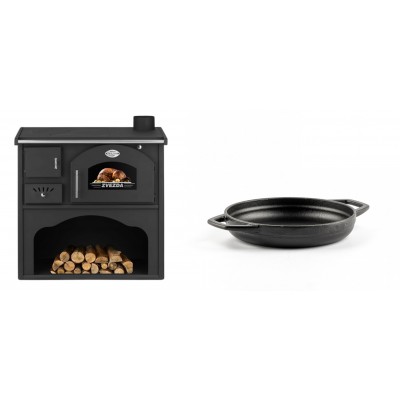 Set Küchenofen / Küchenhexe mit Backofen und Kochplatte Zvezda, Modell Classic GF, Leistung 5.9kW + Emaillierte gusseisenpfanne mit zwei Griffen Solagio, Black Onyx, Ф16cm - Kaminofen - Holzofen mit Backfach