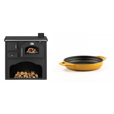 Set Küchenofen / Küchenhexe mit Backofen und Kochplatte Zvezda, Modell Classic GF, Leistung 5.9kW + Emaillierte gusseisenpfanne mit zwei Griffen Solagio, Dijon, Ф16cm - Kaminofen - Holzofen mit Backfach