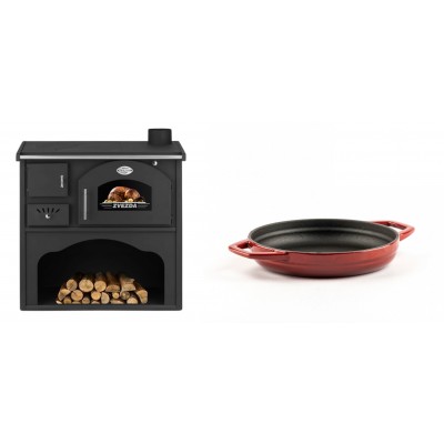 Set Küchenofen / Küchenhexe mit Backofen und Kochplatte Zvezda, Modell Classic GF, Leistung 5.9kW + Emaillierte gusseisenpfanne mit zwei Griffen Solagio, Rubin, Ф16cm - Kaminofen - Holzofen mit Backfach
