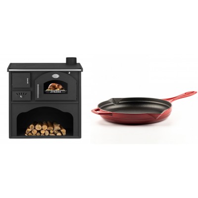 Set Küchenofen / Küchenhexe mit Backofen und Kochplatte Zvezda, Modell Classic GF, Leistung 5.9kW + Emaillierte Gusseisenpfanne Solagio, Rubin, Ф28cm - Kaminofen - Holzofen mit Backfach