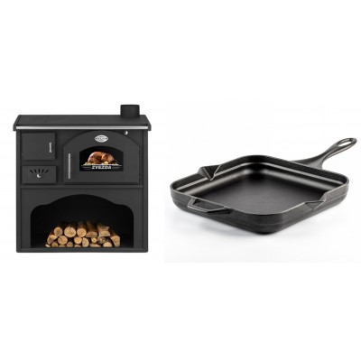 Set Küchenofen / Küchenhexe mit Backofen und Kochplatte Zvezda, Modell Classic GF, Leistung 5.9kW + Emaillierte Gusseisenpfanne Solagio, Black Onyx, 28x28cm - Kaminofen - Holzofen mit Backfach