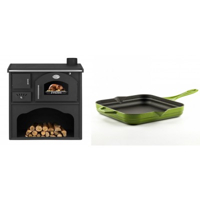 Set Küchenofen / Küchenhexe mit Backofen und Kochplatte Zvezda, Modell Classic GF, Leistung 5.9kW + Emaillierte Gusseisenpfanne Solagio, Bamboo, 28x28cm - Kaminofen - Holzofen mit Backfach