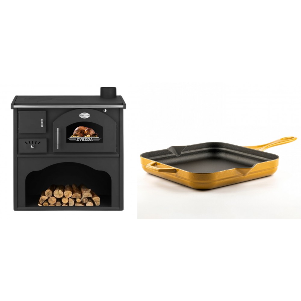 Set Küchenofen / Küchenhexe mit Backofen und Kochplatte Zvezda, Modell Classic GF, Leistung 5.9kW + Emaillierte Gusseisenpfanne Solagio, Dijon, 28x28cm | Kaminofen - Holzofen mit Backfach | Kaminofen |