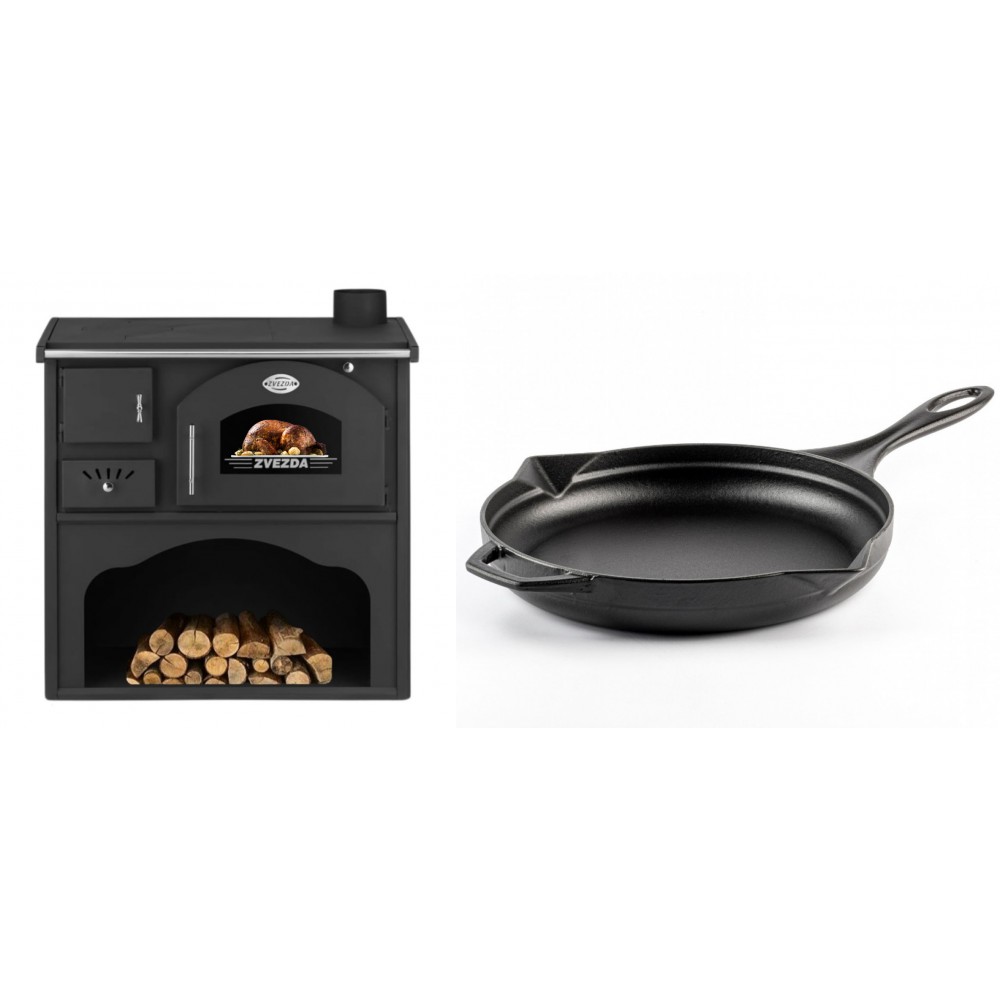 Set Küchenofen / Küchenhexe mit Backofen und Kochplatte Zvezda, Modell Classic GF, Leistung 5.9kW + Emaillierte Gusseisenpfanne Solagio, Black Onyx, Ф28cm