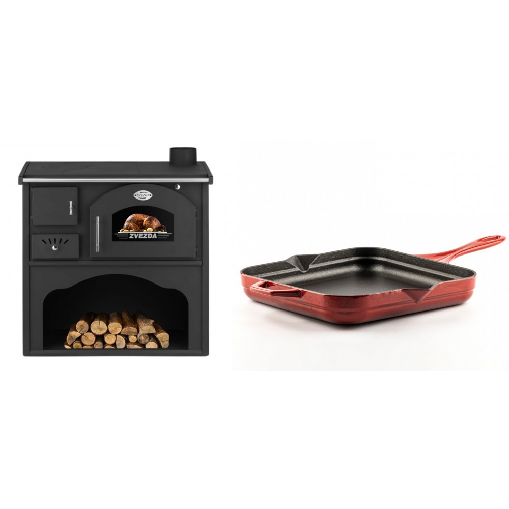 Set Küchenofen / Küchenhexe mit Backofen und Kochplatte Zvezda, Modell Classic GF, Leistung 5.9kW + Emaillierte Gusseisenpfanne Solagio, Rubin, 28x28cm