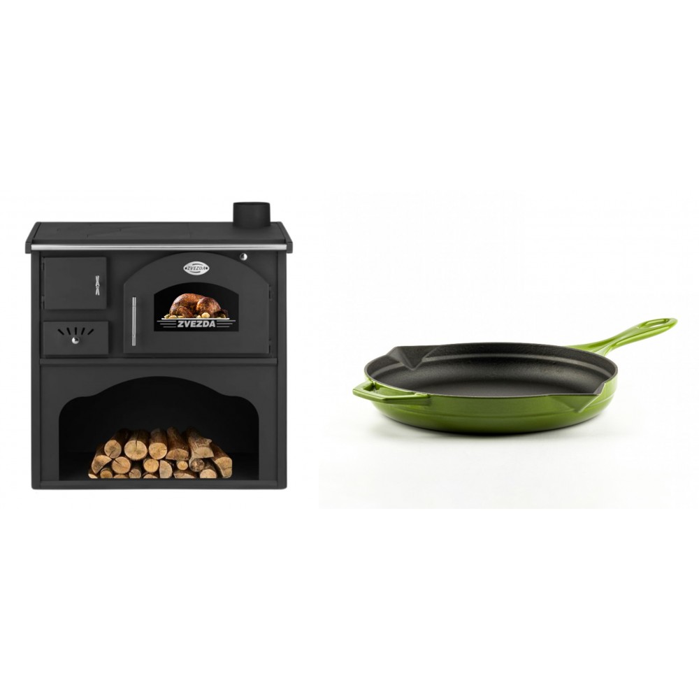 Set Küchenofen / Küchenhexe mit Backofen und Kochplatte Zvezda, Modell Classic GF, Leistung 5.9kW + Emaillierte Gusseisenpfanne Solagio, Bamboo, Ф24cm