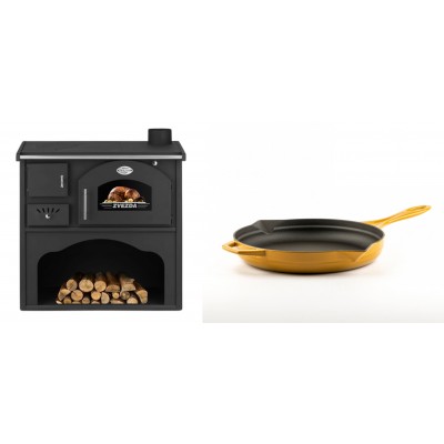 Set Küchenofen / Küchenhexe mit Backofen und Kochplatte Zvezda, Modell Classic GF, Leistung 5.9kW + Emaillierte Gusseisenpfanne Solagio, Dijon, Ф24cm - Kaminofen - Holzofen mit Backfach