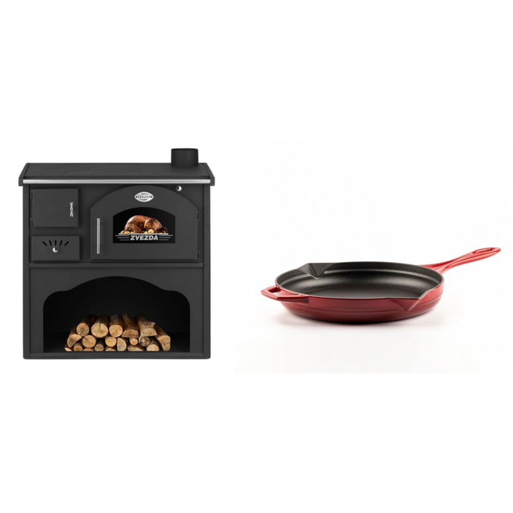 Set Küchenofen / Küchenhexe mit Backofen und Kochplatte Zvezda, Modell Classic GF, Leistung 5.9kW + Emaillierte Gusseisenpfanne Solagio, Rubin, Ф24cm