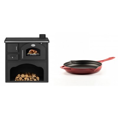 Set Küchenofen / Küchenhexe mit Backofen und Kochplatte Zvezda, Modell Classic GF, Leistung 5.9kW + Emaillierte Gusseisenpfanne Solagio, Rubin, Ф24cm - Kaminofen - Holzofen mit Backfach