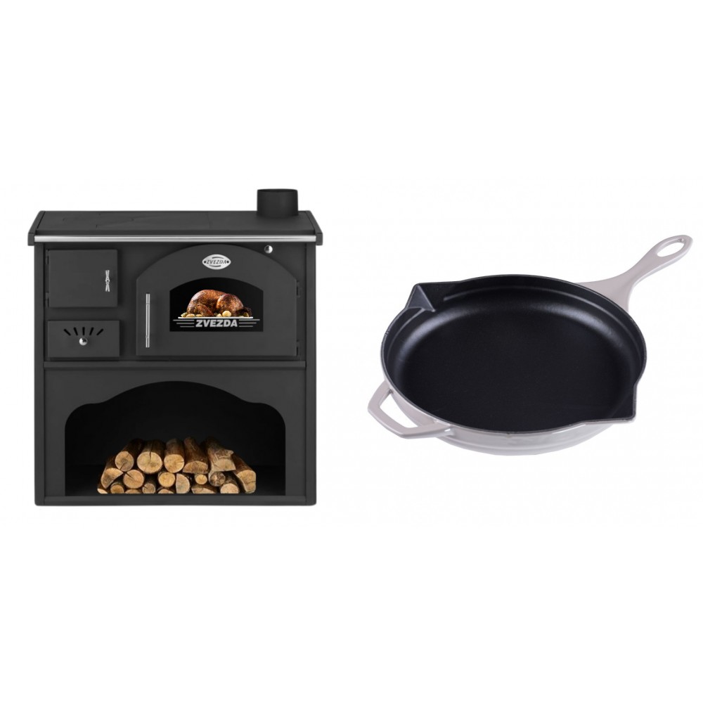 Set Küchenofen / Küchenhexe mit Backofen und Kochplatte Zvezda, Modell Classic GF, Leistung 5.9kW + Emaillierte Gusseisenpfanne Solagio, Ivory, Ф28cm