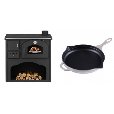 Set Küchenofen / Küchenhexe mit Backofen und Kochplatte Zvezda, Modell Classic GF, Leistung 5.9kW + Emaillierte Gusseisenpfanne Solagio, Ivory, Ф28cm - Kaminofen - Holzofen mit Backfach